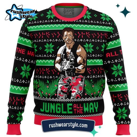 Jungle All the Way Christmas Sweater – Arnold Schwarzenegger Ugly Holiday Design