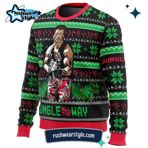 Jungle All the Way Christmas Sweater – Arnold Schwarzenegger Ugly Holiday Design