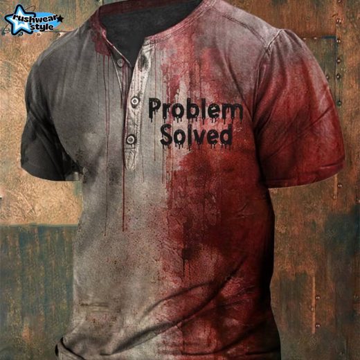 Men’s Bloody Problem Solved Halloween Print Henley T-Shirt – Spooky Theme