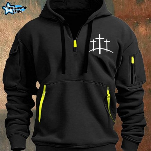 Men’s Faith Print Half Zip Multi-Pocket Vintage Hoodie – Black