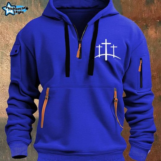 Men’s Faith Print Half Zip Multi-Pocket Vintage Hoodie – Blue