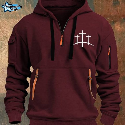 Men’s Faith Print Half Zip Multi-Pocket Vintage Hoodie – Burgundy