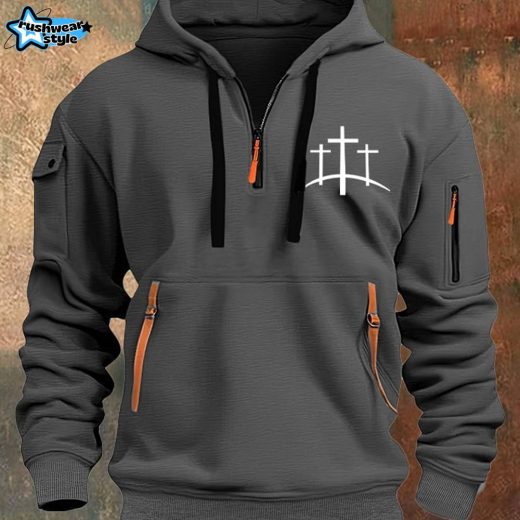 Men’s Faith Print Half Zip Multi-Pocket Vintage Hoodie – Dark Grey
