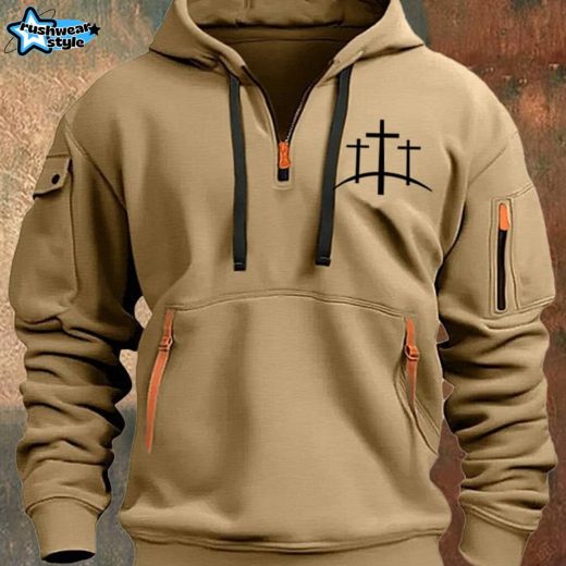 Men’s Faith Print Half Zip Multi-Pocket Vintage Hoodie – Khaki