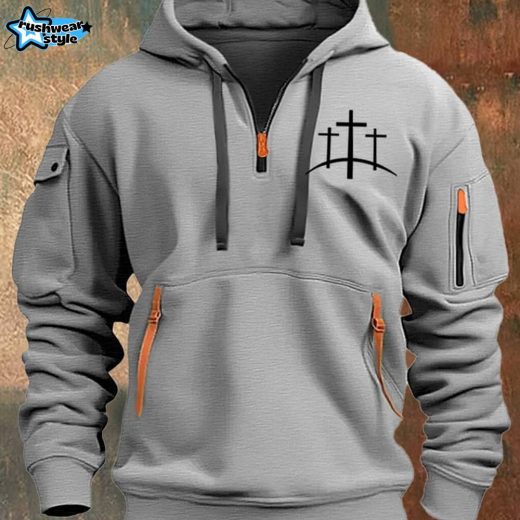 Men’s Faith Print Half Zip Multi-Pocket Vintage Hoodie – Light Grey