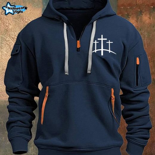 Men’s Faith Print Half Zip Multi-Pocket Vintage Hoodie – Navy