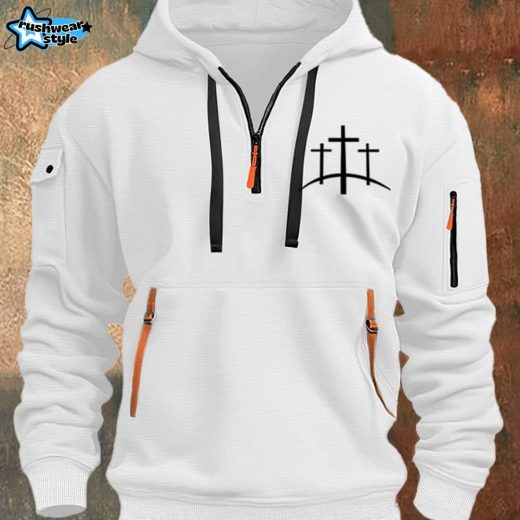 Men’s Faith Print Half Zip Multi-Pocket Vintage Hoodie – White