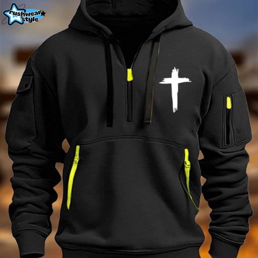 Men’s Vintage Multi-Pocket Faith-Inspired Zip-Up Hoodie with Cross Symbol – Black
