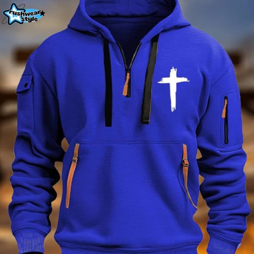 Men’s Vintage Multi-Pocket Faith-Inspired Zip-Up Hoodie with Cross Symbol – Blue