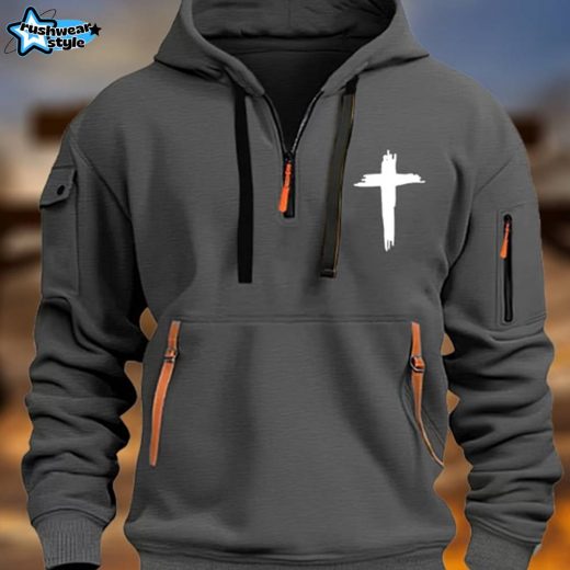 Men’s Vintage Multi-Pocket Faith-Inspired Zip-Up Hoodie with Cross Symbol – Dark Grey