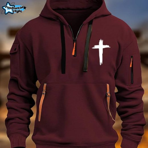 Men’s Vintage Multi-Pocket Faith-Inspired Zip-Up Hoodie with Cross Symbol – Dark Red