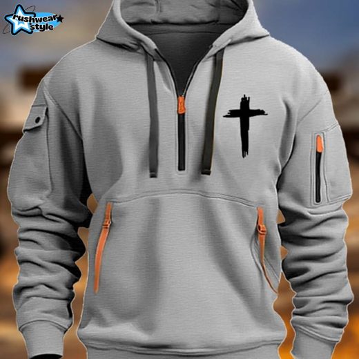 Men’s Vintage Multi-Pocket Faith-Inspired Zip-Up Hoodie with Cross Symbol – Grey