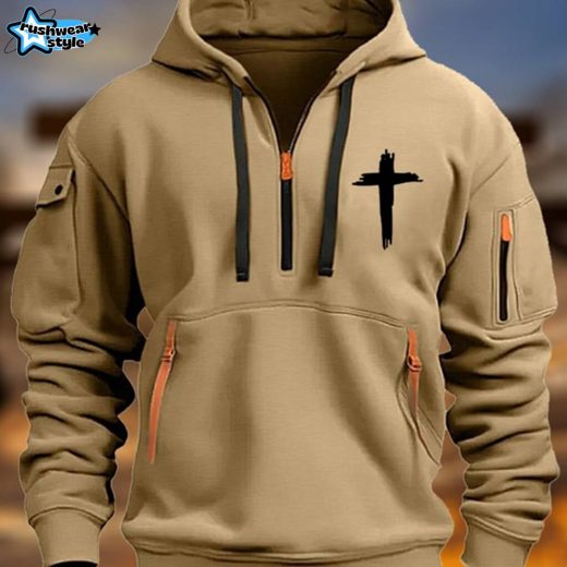 Men’s Vintage Multi-Pocket Faith-Inspired Zip-Up Hoodie with Cross Symbol – Khaki
