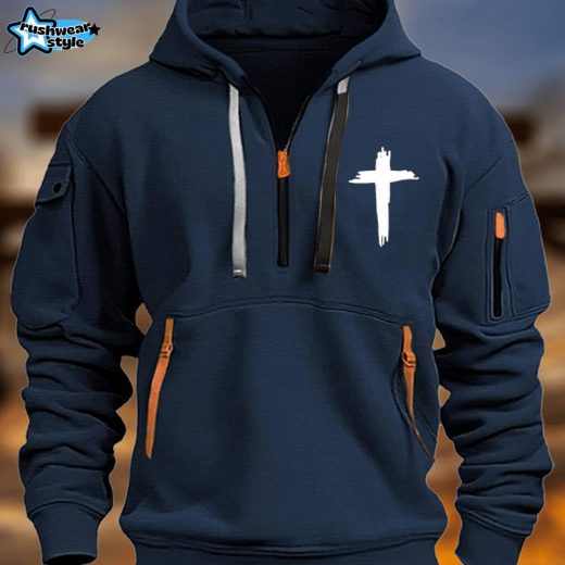 Men’s Vintage Multi-Pocket Faith-Inspired Zip-Up Hoodie with Cross Symbol – Navy