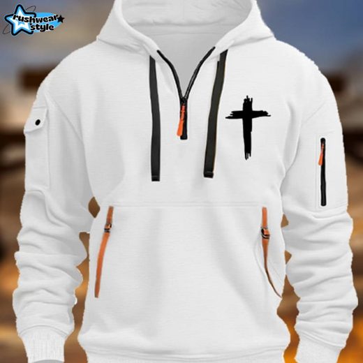 Men’s Vintage Multi-Pocket Faith-Inspired Zip-Up Hoodie with Cross Symbol – White