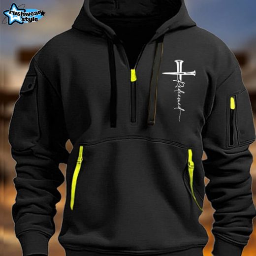 Men’s Vintage Multi-Pocket Faith-Inspired Zip-Up Hoodie with Redeemed Sign – Black