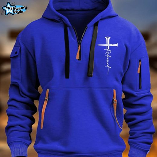 Men’s Vintage Multi-Pocket Faith-Inspired Zip-Up Hoodie with Redeemed Sign – Blue