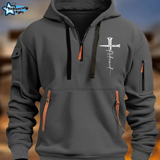 Men’s Vintage Multi-Pocket Faith-Inspired Zip-Up Hoodie with Redeemed Sign – Dark Grey