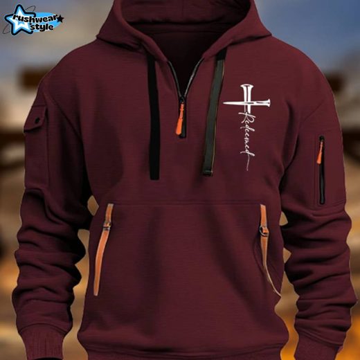 Men’s Vintage Multi-Pocket Faith-Inspired Zip-Up Hoodie with Redeemed Sign – Dark Red