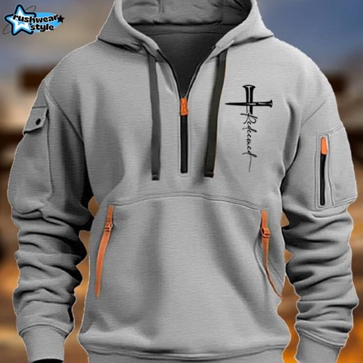 Men’s Vintage Multi-Pocket Faith-Inspired Zip-Up Hoodie with Redeemed Sign – Gray