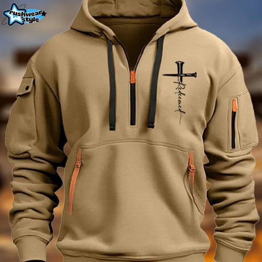 Men’s Vintage Multi-Pocket Faith-Inspired Zip-Up Hoodie with Redeemed Sign – Khaki