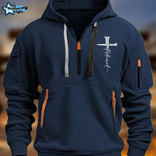 Men’s Vintage Multi-Pocket Faith-Inspired Zip-Up Hoodie with Redeemed Sign – Navy