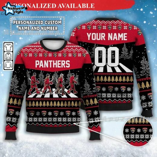 Custom Panthers Walking Abbey Road Ugly Christmas Sweater – Ice Hockey Holiday Jumper