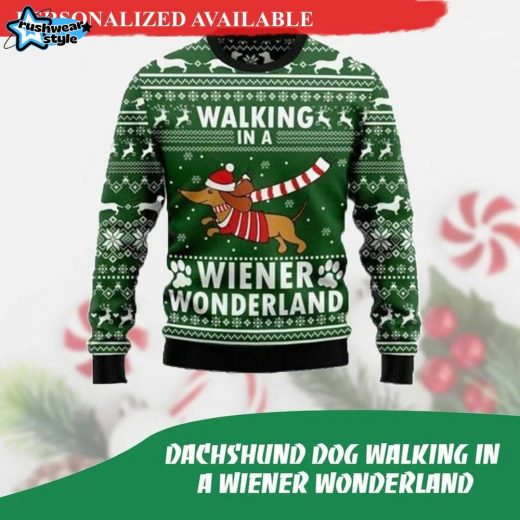 Dachshund Dog Walking in a Wiener Wonderland – Funny Ugly Christmas Sweater Jumper