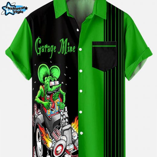 Automotive Stripe Men’s Short Sleeve Shirt – Green Racing Inspired Casual Wear