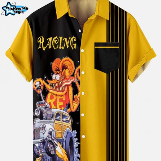 Automotive Stripe Men’s Short Sleeve Shirt – Yellow Racing Inspired Casual Wear