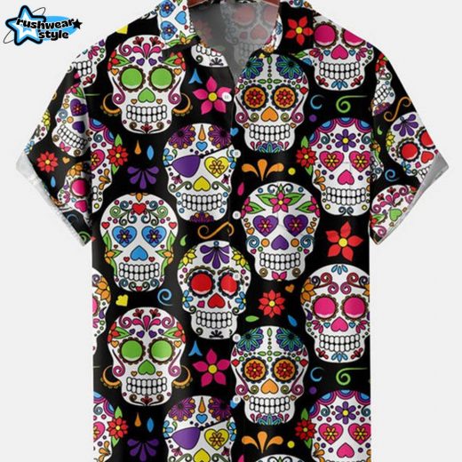 Cool Mexican Sugar Skull Men’s Short Sleeve Shirt – Day of the Dead Inspired