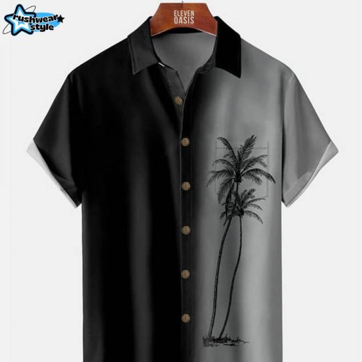 Hawaii Men’s Gradient Coconut Tree Print Casual Short Sleeve Shirt – Tropical Vibe