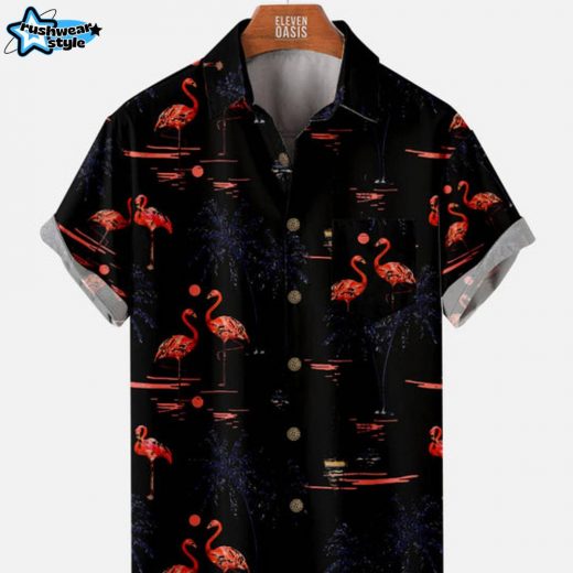 Men’s Beach Flamingo Vacay Style Casual Short Sleeve Shirt – Black Summer Edition