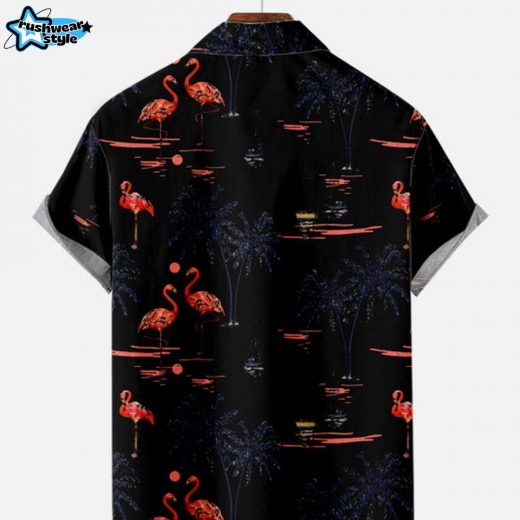 Men’s Beach Flamingo Vacay Style Casual Short Sleeve Shirt – Black Summer Edition