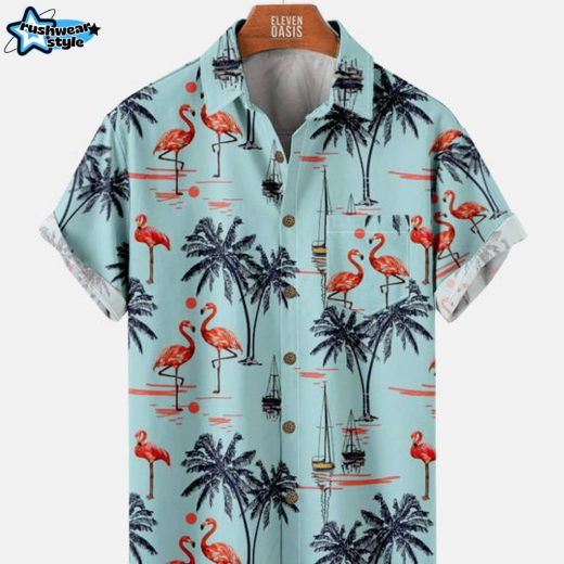 Men’s Beach Flamingo Vacay Style Casual Short Sleeve Shirt – Blue Summer Edition