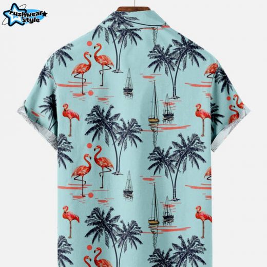 Men’s Beach Flamingo Vacay Style Casual Short Sleeve Shirt – Blue Summer Edition