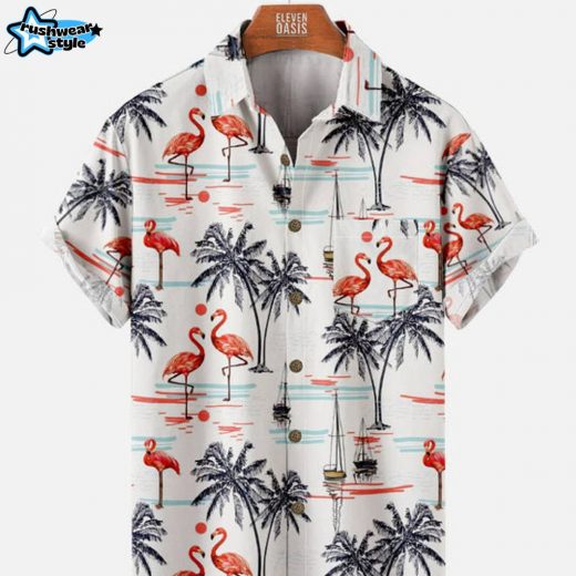 Men’s Beach Flamingo Vacay Style Casual Short Sleeve Shirt – White Summer Edition