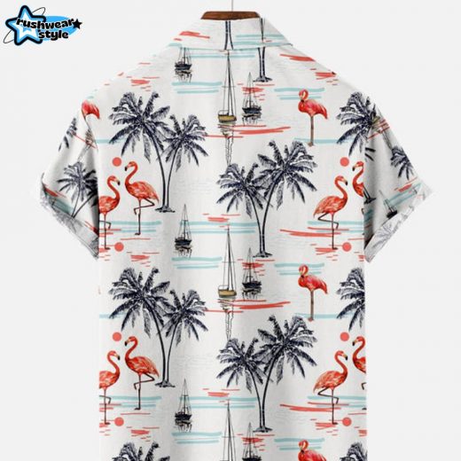 Men’s Beach Flamingo Vacay Style Casual Short Sleeve Shirt – White Summer Edition