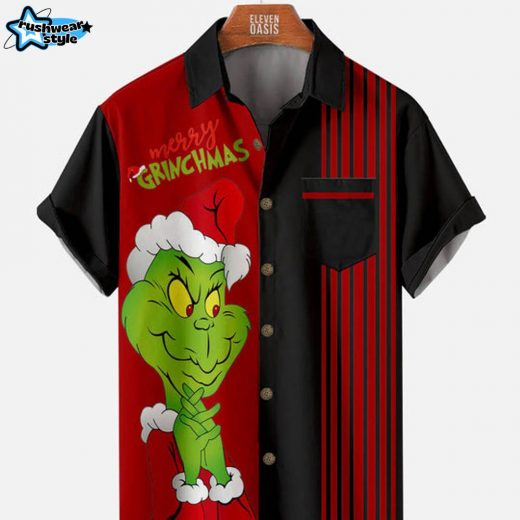 Merry Grinchmas Striped Christmas Shirt for Men – Black Short Sleeve Holiday Tee