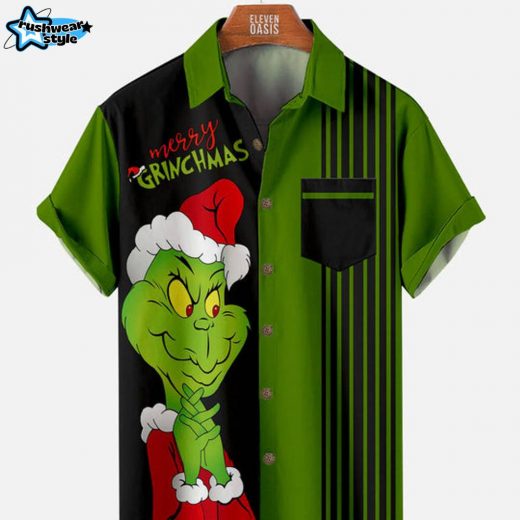 Merry Grinchmas Striped Christmas Shirt for Men – Green Short Sleeve Holiday Tee