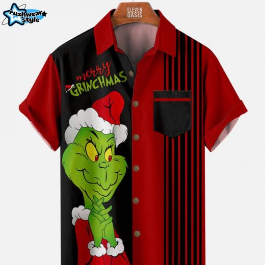 Merry Grinchmas Striped Christmas Shirt for Men – Red Short Sleeve Holiday Tee