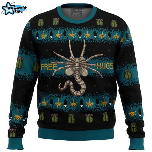 Free Hugs Alien Facehugger Ugly Christmas Sweater – Sci-Fi Horror Movie Holiday Sweater