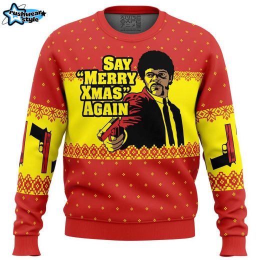 Merry Xmas Again Pulp Fiction Ugly Christmas Sweater – 90s Cult Movie Holiday Sweater