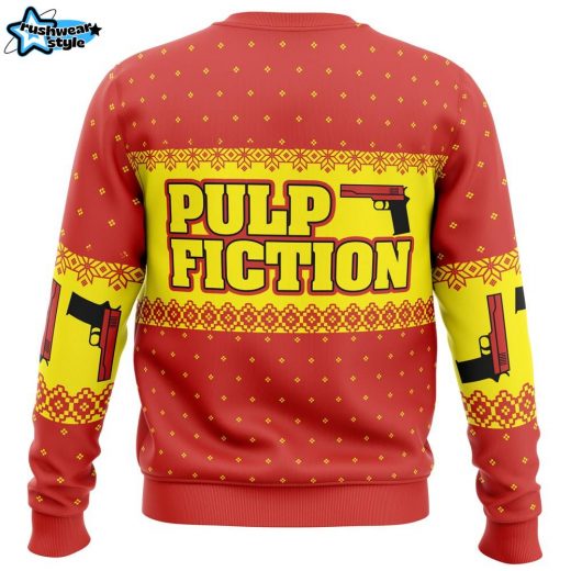 Merry Xmas Again Pulp Fiction Ugly Christmas Sweater – 90s Cult Movie Holiday Sweater