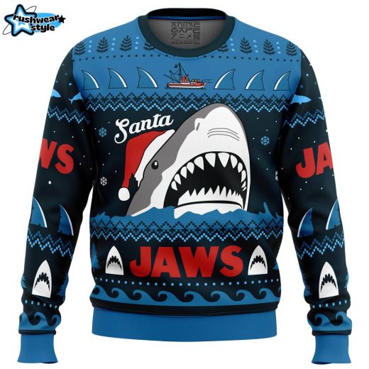 Santa Jaws Jaws Ugly Christmas Sweater – Classic Shark Movie Holiday Sweater