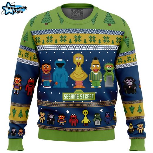 The Main Characters on Sesame Street Ugly Christmas Sweater – Classic Kids Show Holiday Sweater