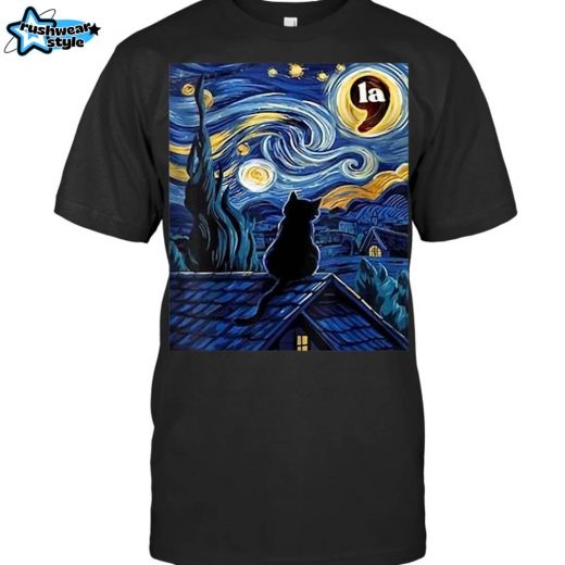 Halloween Starry Night Black Cat Kamala Harris Comma La Funny Spooky T-Shirt