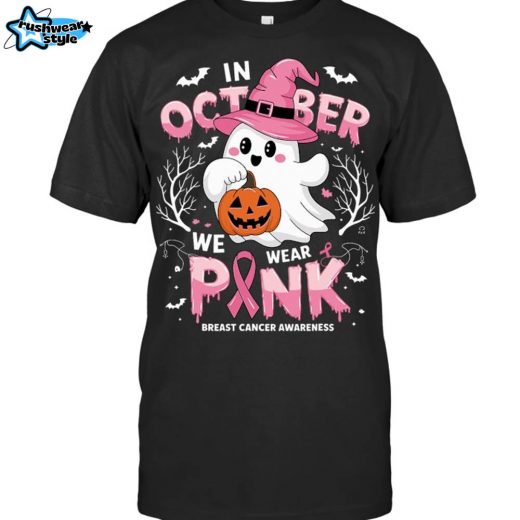 In October We Wear Pink Breast Cancer Awareness Ghost Halloween T-Shirt for Women