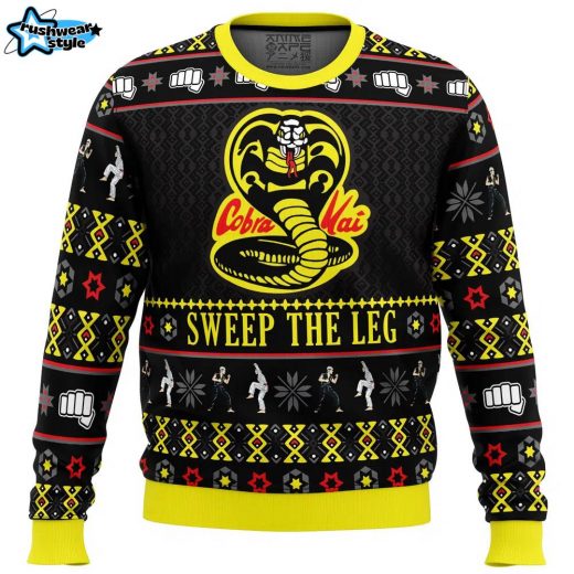 Cobra Kai Sweep The Leg Karate Kid Ugly Christmas Sweater – 80s Movie Fan Holiday Sweater