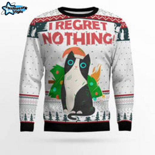 “I Regret Nothing” Cat Ugly Christmas Sweater – Cat Lover’s Holiday Humor